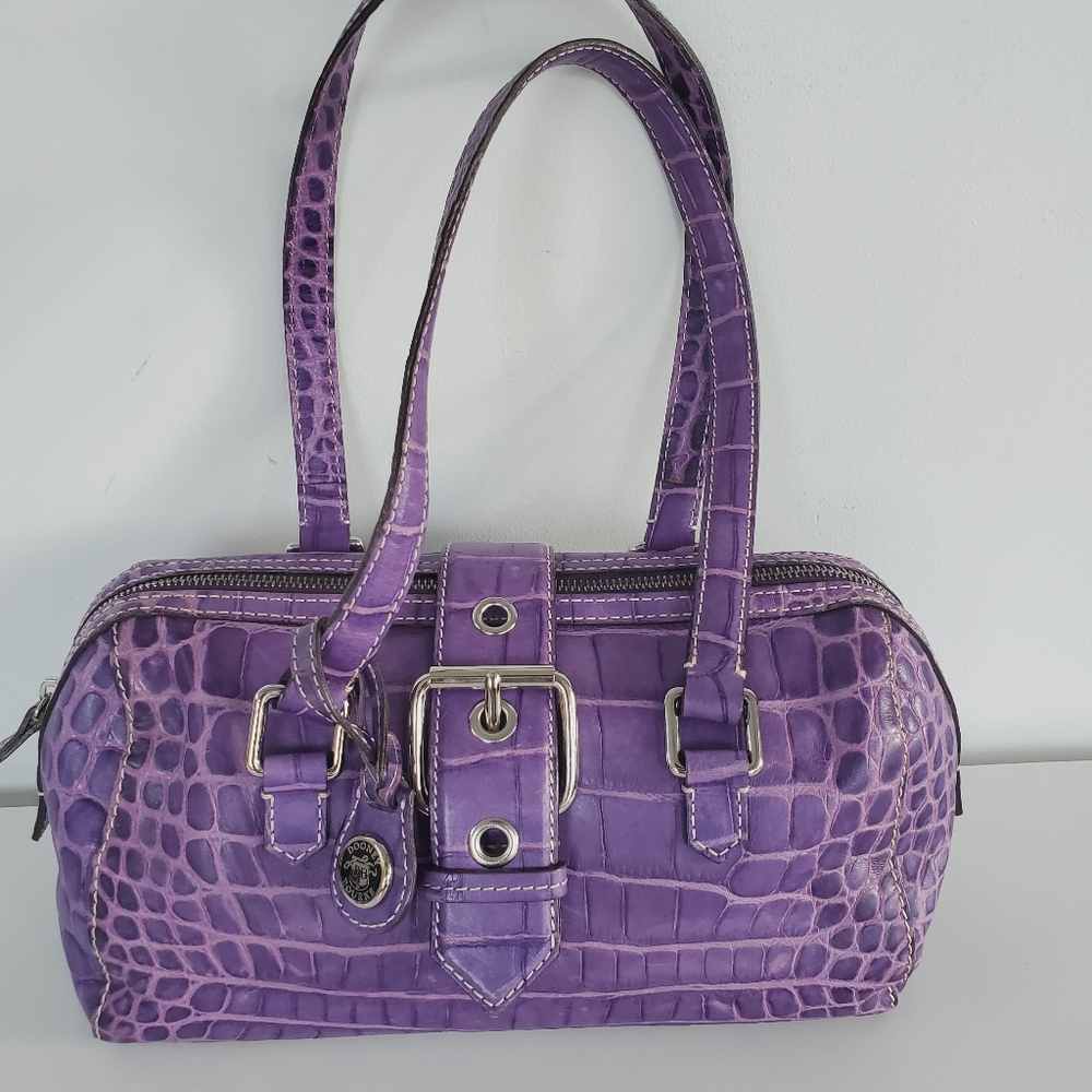 Dooney & Bourke Nile Collection Bowler Croc Leather Embossed Barrel Bowling Bag - Picture 6 of 15